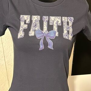 Charcoal Faith Tee with Floral Print and Bow Accent